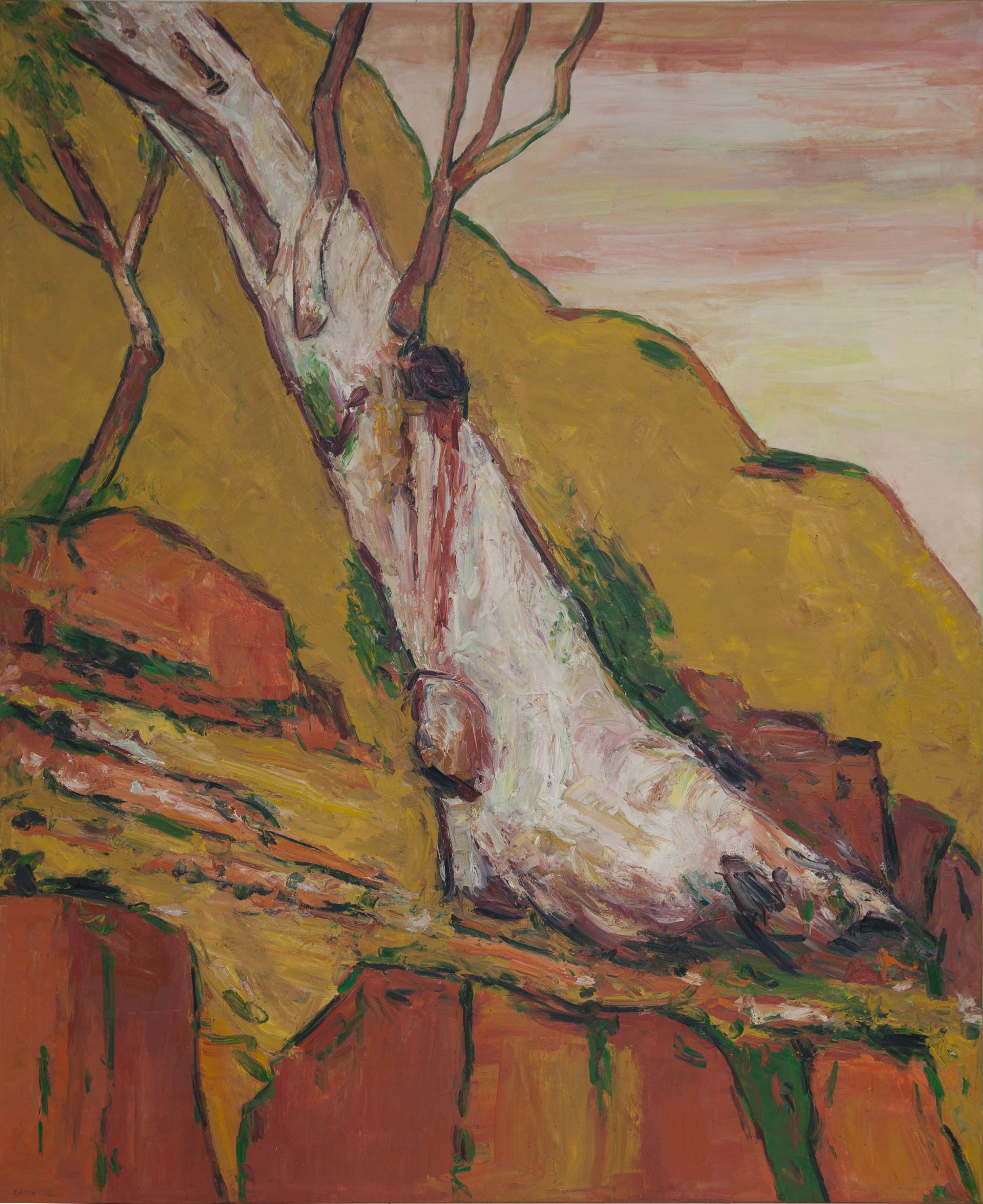 Painting of a gum tree on rocky ground in earth tones.