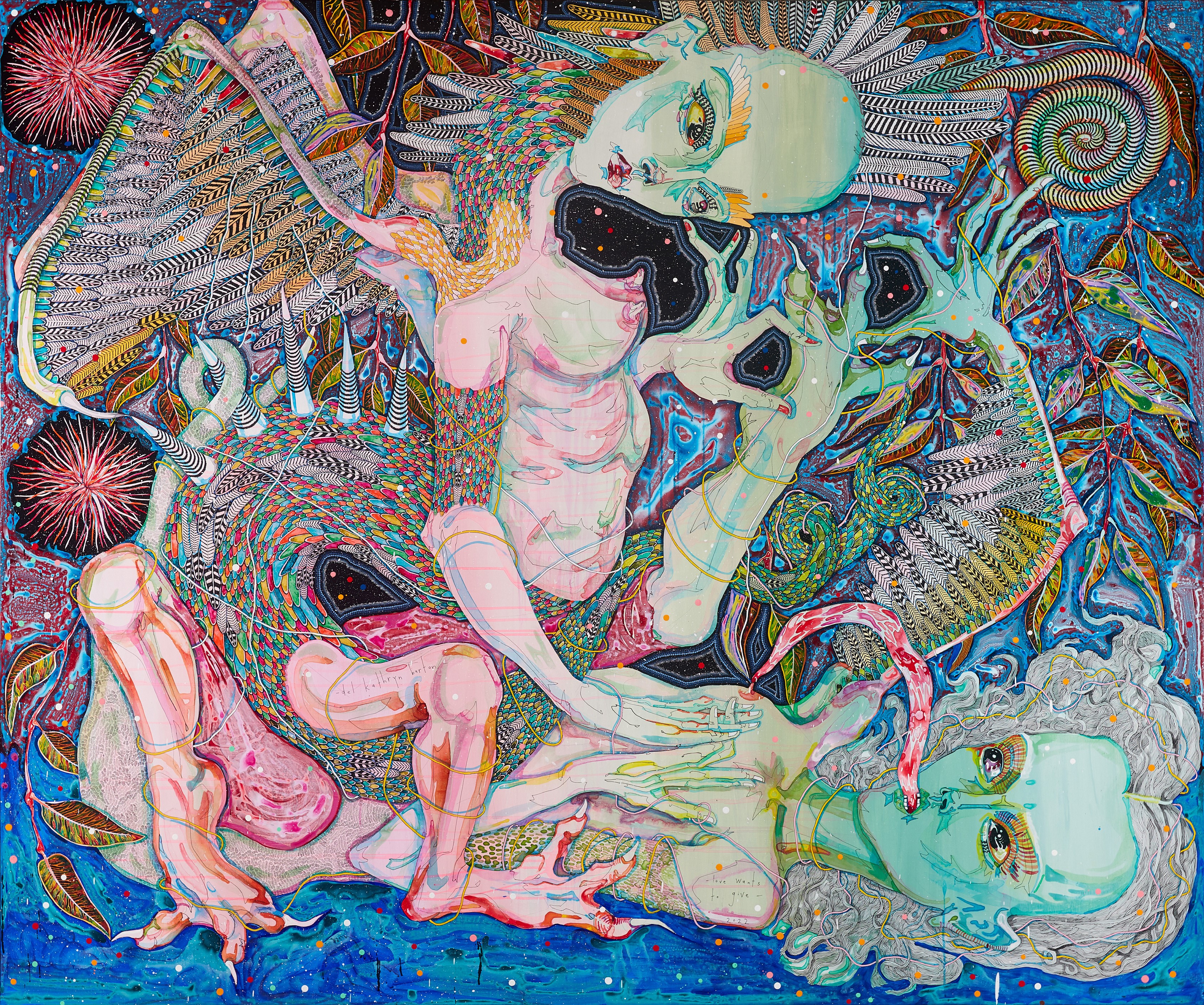 Large painted work featuring two intertwined hybrid female/animal/creature figures. One is laying on the ground and the other, which has wings and bare breasts sits on top of it. The works primary colours are pinks, blacks and blues, with touches of yellow an red.