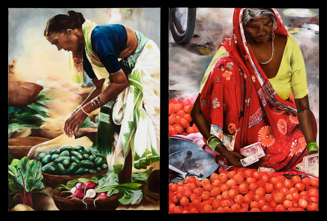 Two colourful portrait paintings of Indian women selling fruits and vegetables.
