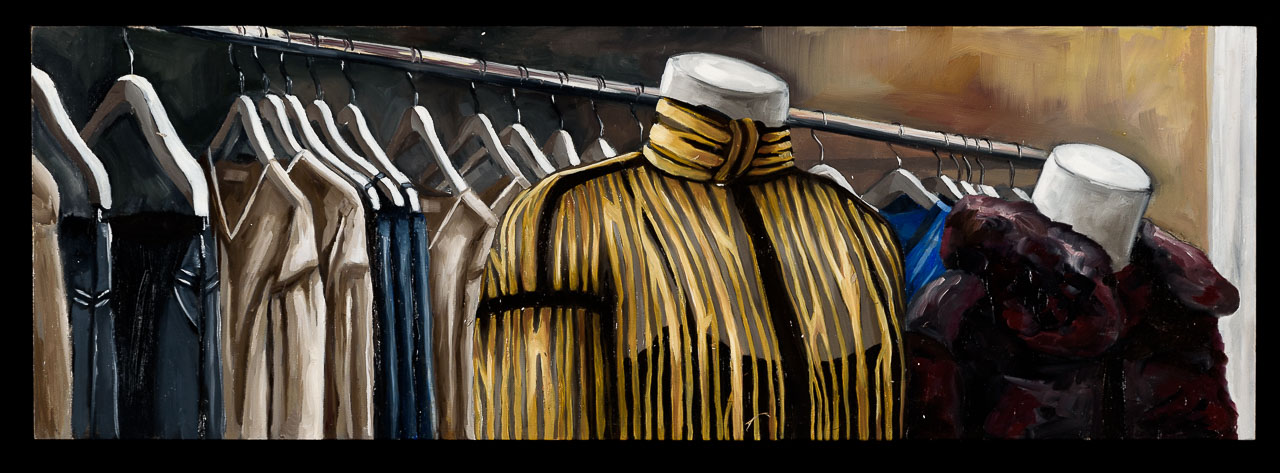 A painting featuring two headless shop mannequins in the foreground and a rack of garments in the background.