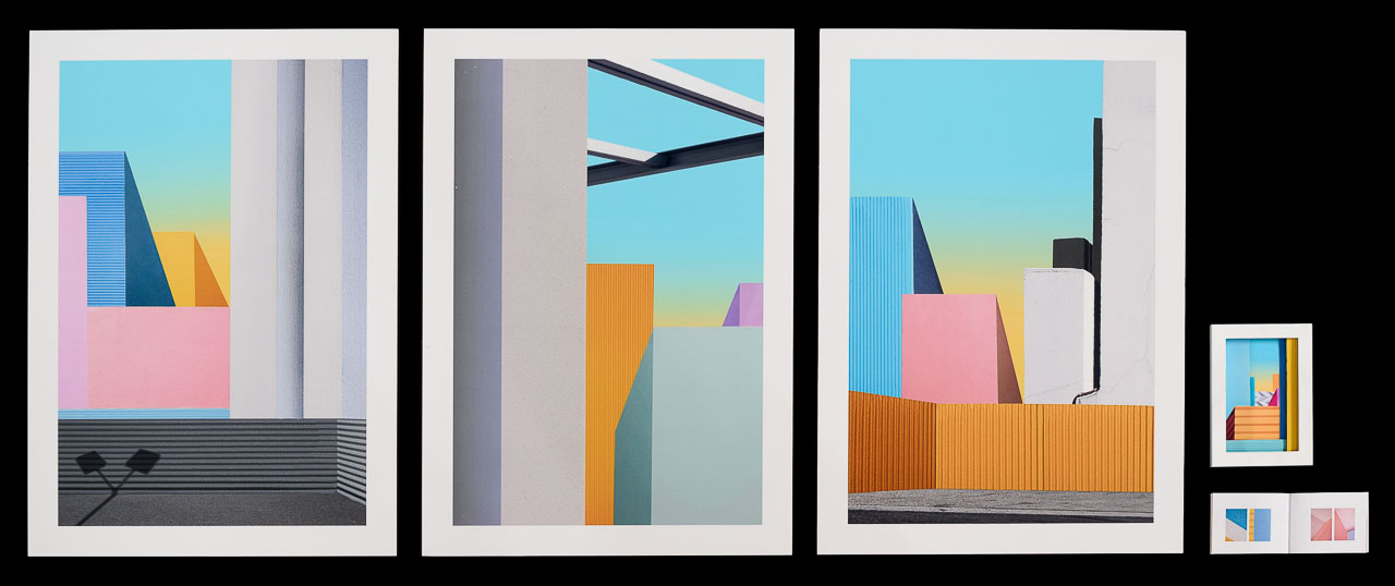 Three large and two small works that construct city like vignettes using flat planes of coloured paper.