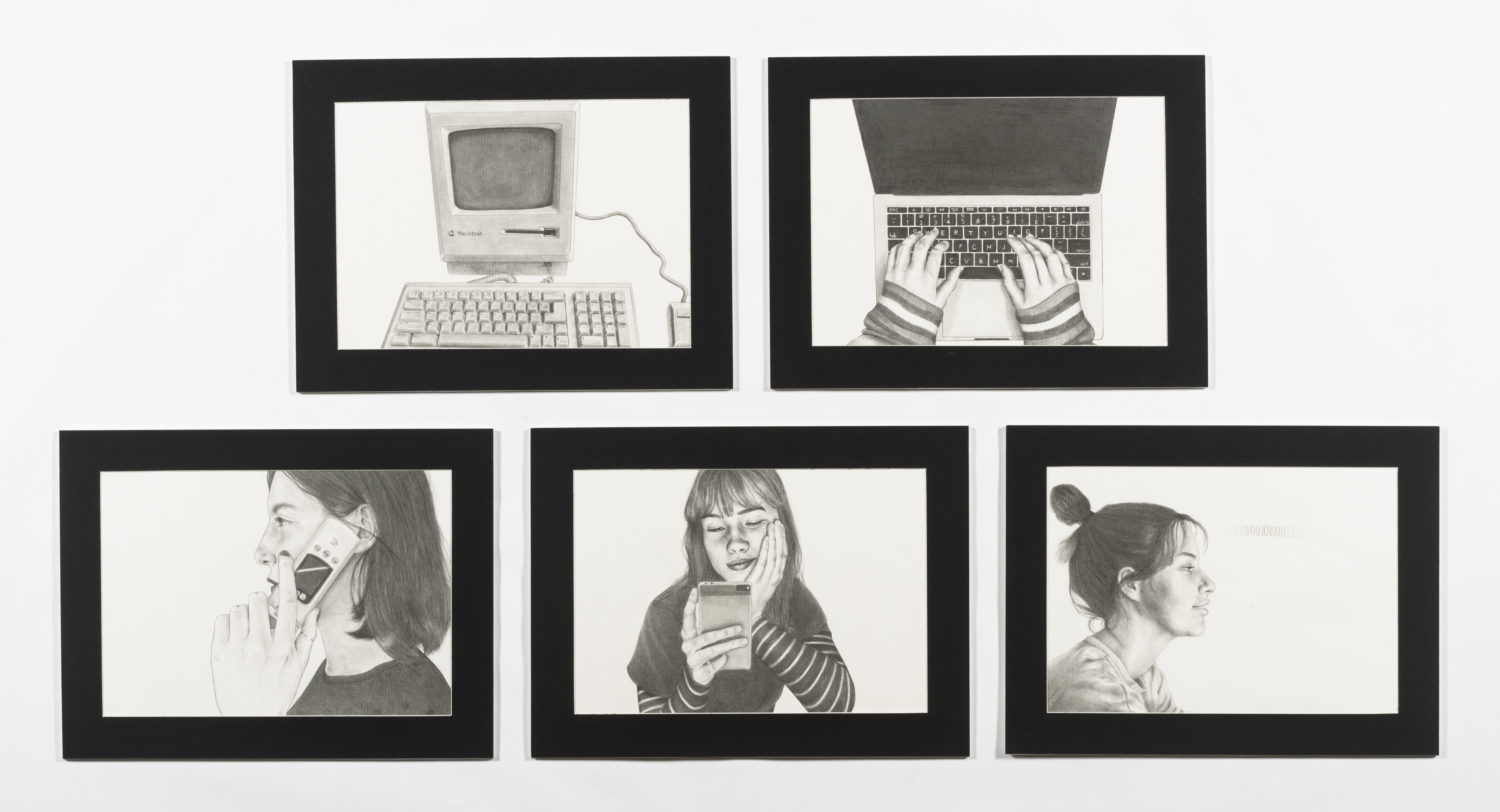 Five pencil drawings showing the people interacting with different modern technologies through time.
