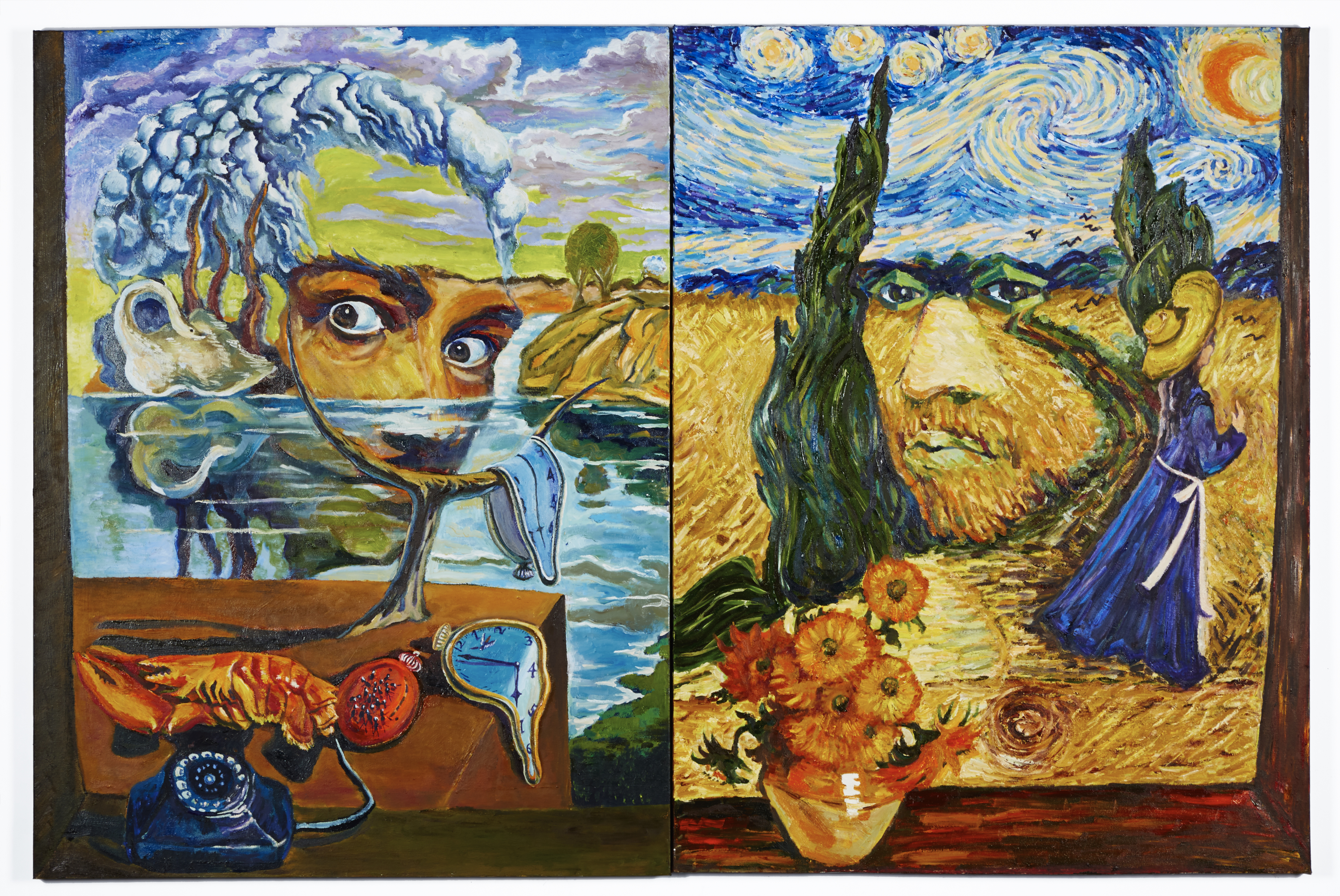 Portraits of artists Salvador Dali and Vincent Van Gough painted in the style of their most famous paintings.