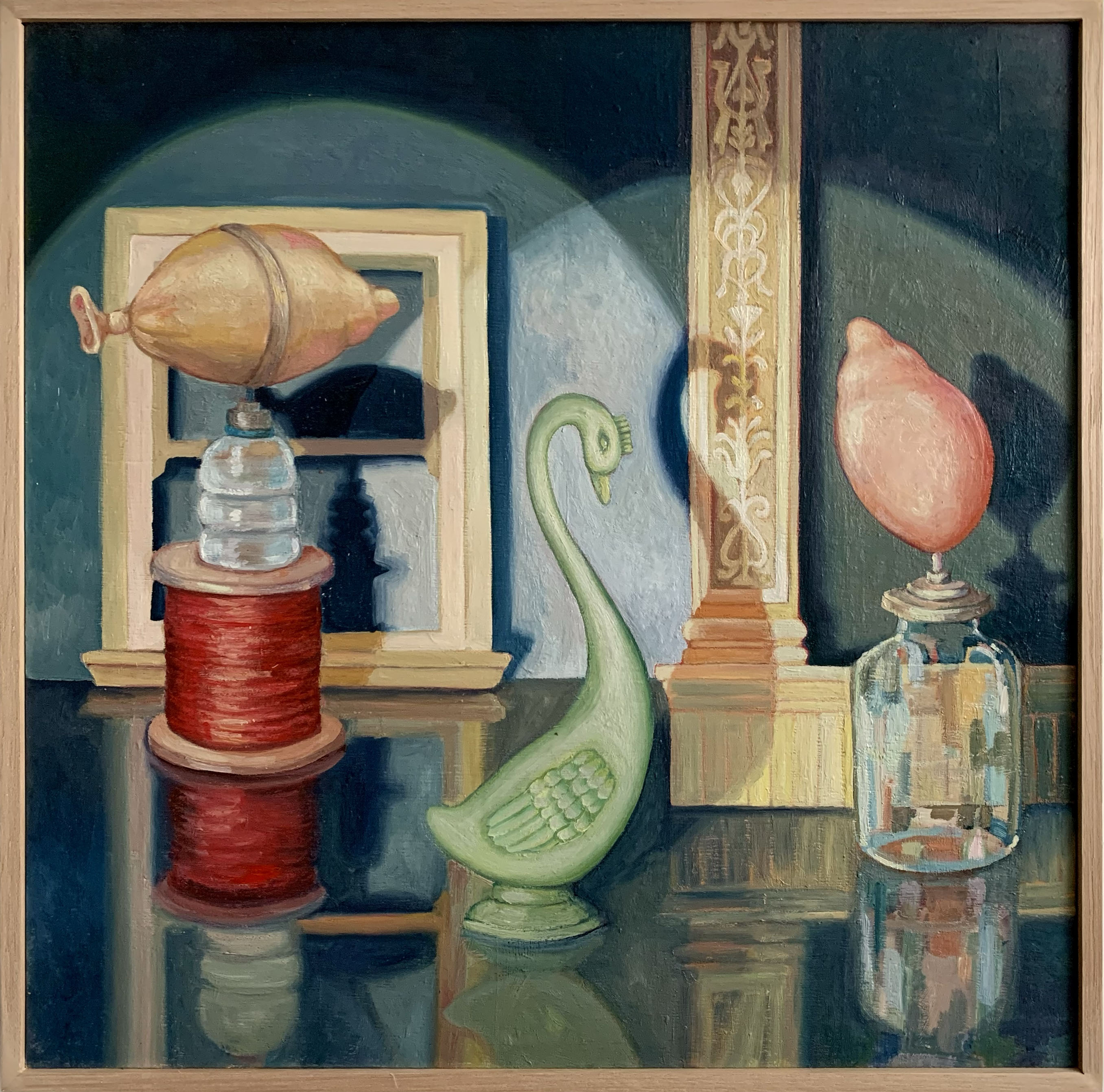 A painting of assorted objects including a spool of red thread, a glass bottle with a pink shell on top, a light green swan figurine and two yellow coloured ornate frames in the background.