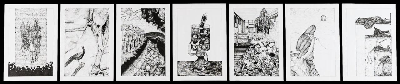 Seven black and white drawings, each exploring one of the seven deadly sins.