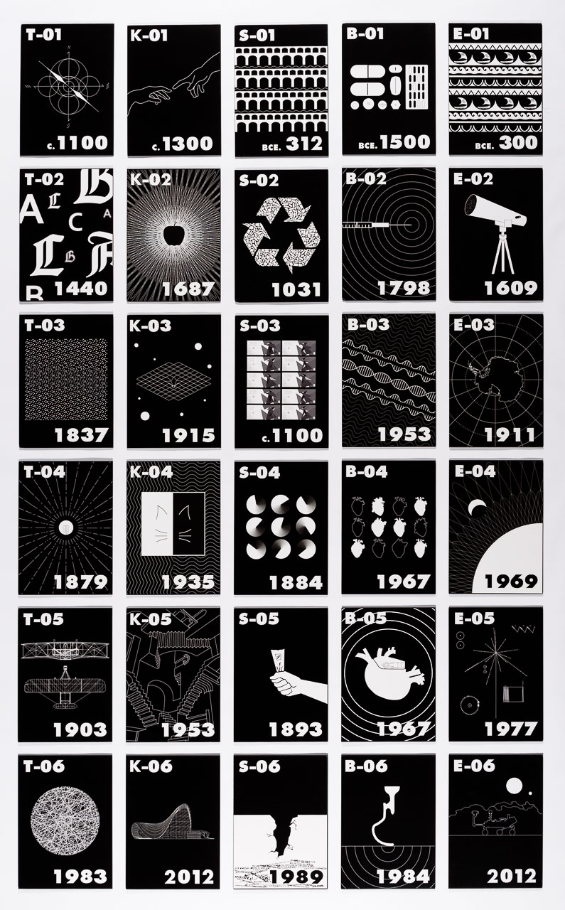 A graphic design work of 30 black and white panels depicting moments of breakthrough in science from history.