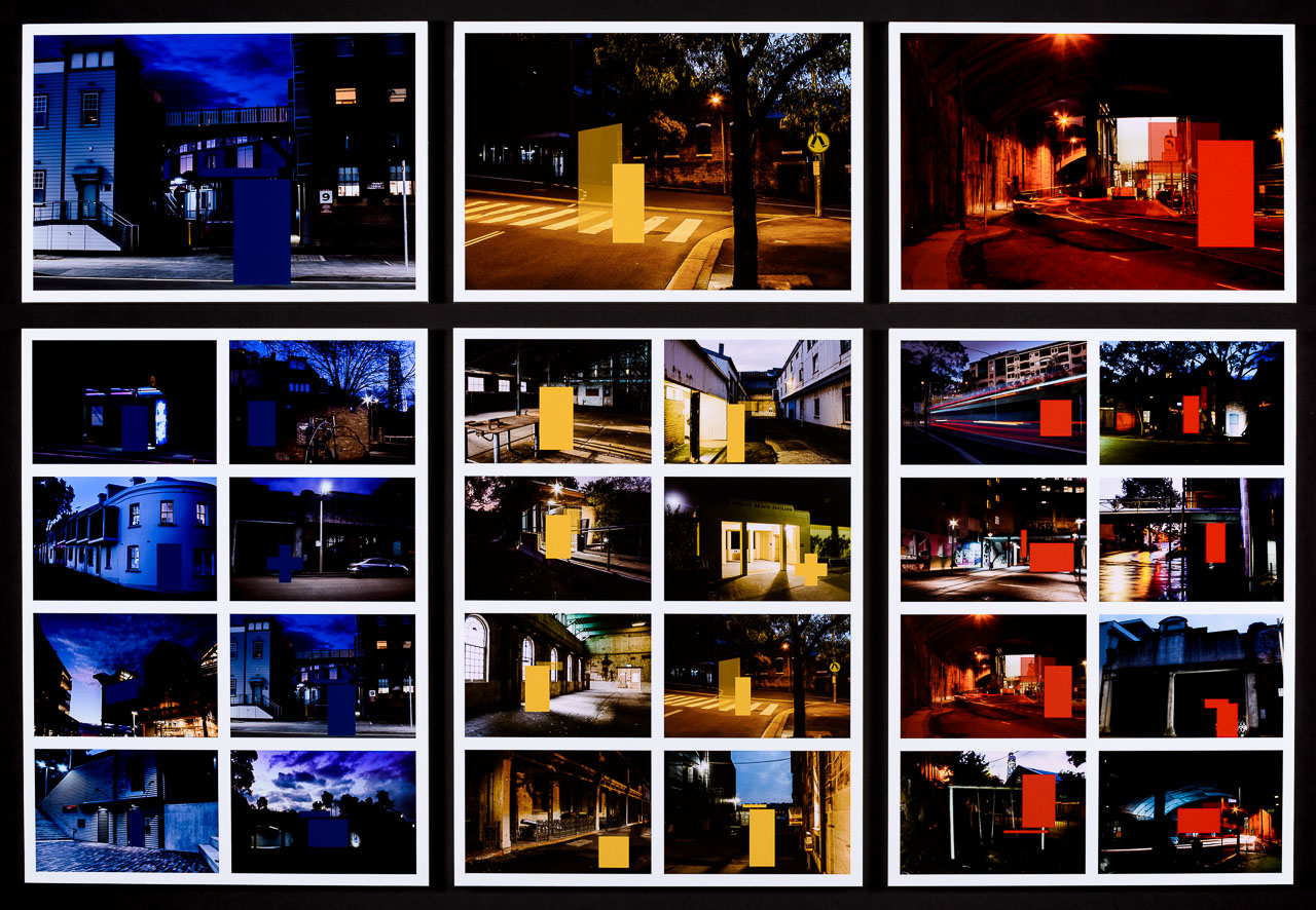 A series of three sets of photgraphs of urban spaces at night. Each set features one large and eight small images and each set is coloured - blue, yellow and red.