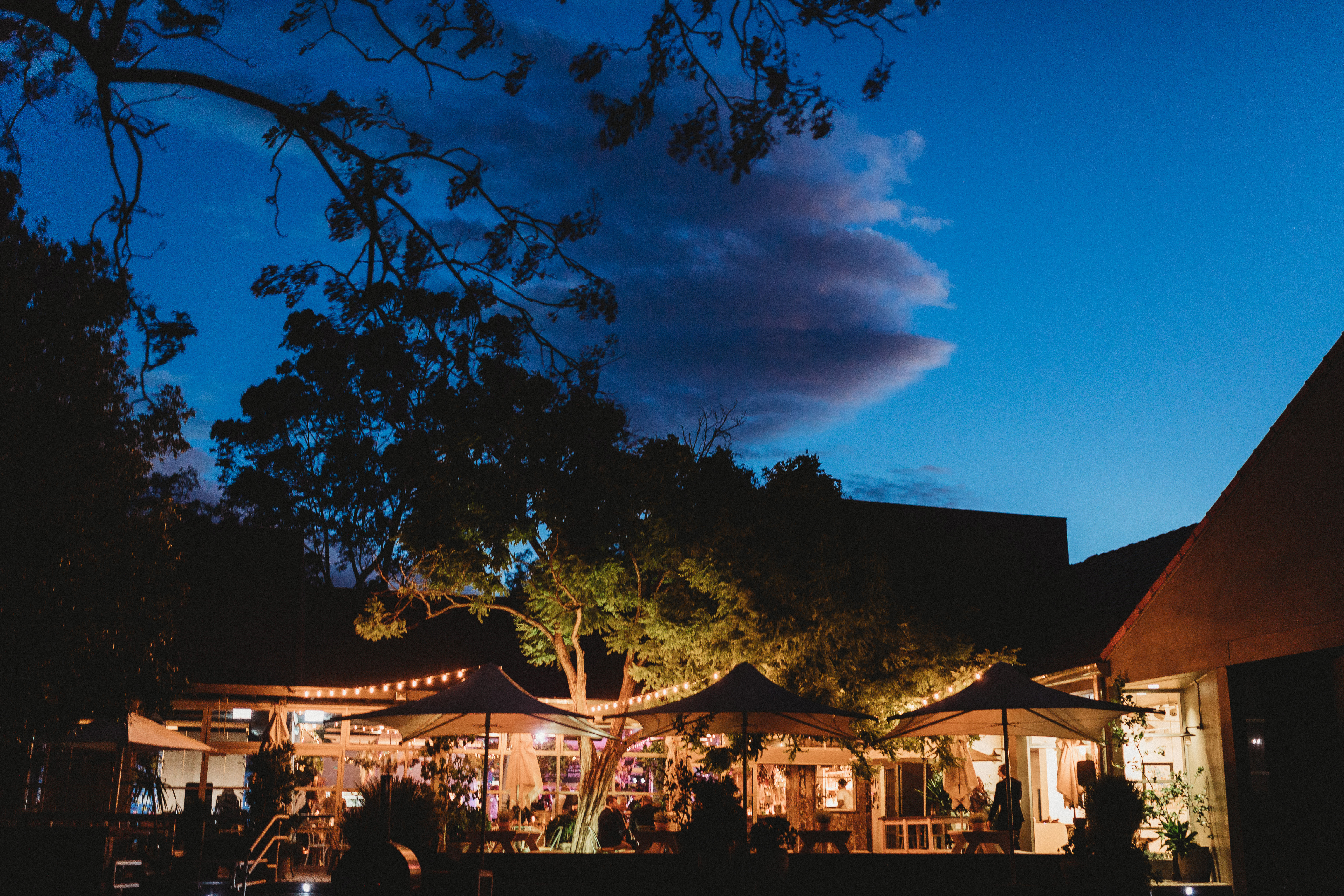 This is an evening photo of the Hazelhurst Art Centre and Cafe, beautifully illuminated against the night sky. The cafe's warm lighting and string lights create a welcoming ambiance in the outdoor seating area under large umbrellas, with trees and the dark blue twilight sky in the background. The cafe's inviting glow suggests a cozy atmosphere for dining and socialising.