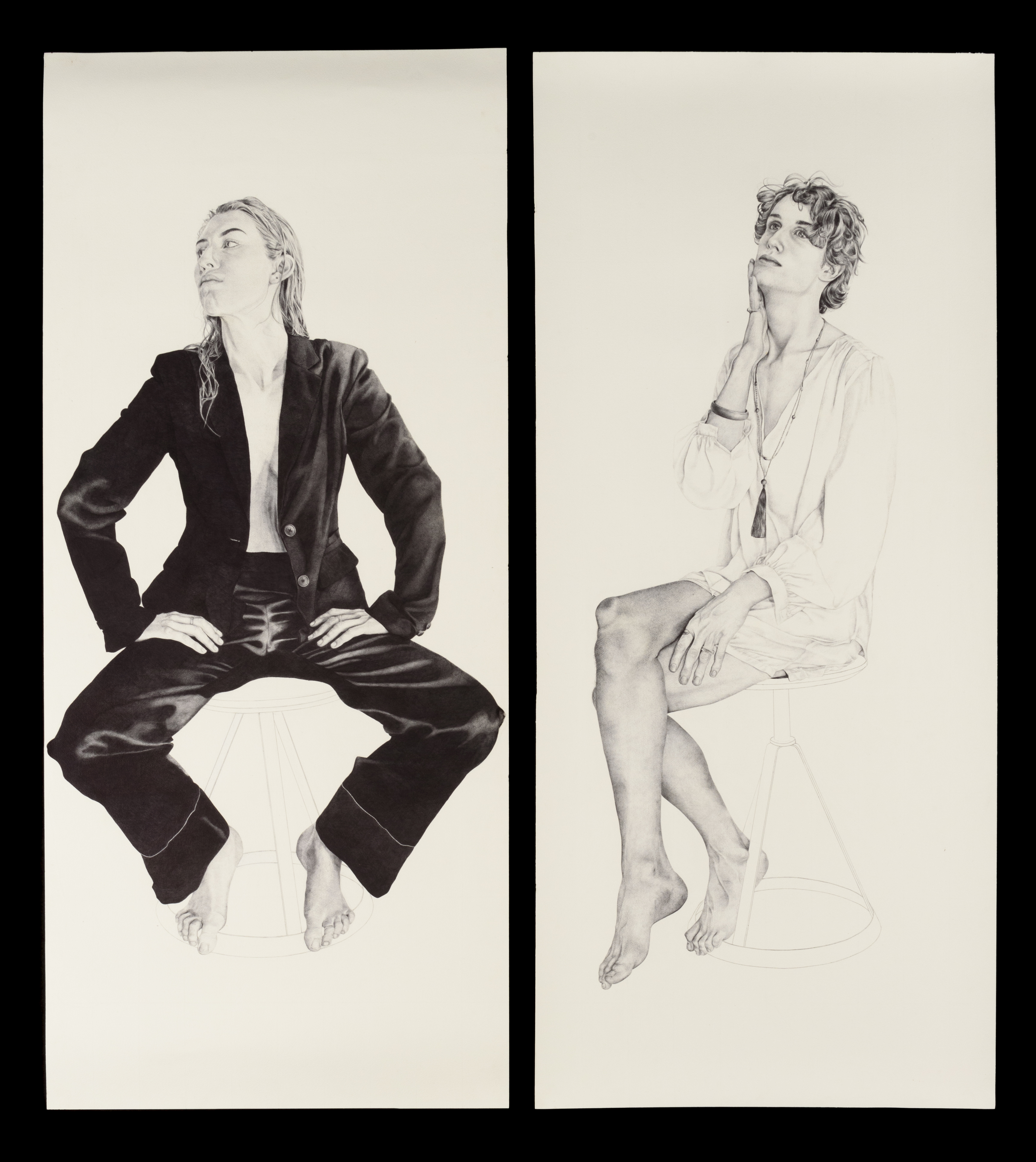 Two large black and white pen drawings, on the left is a woman and on the right is a man.