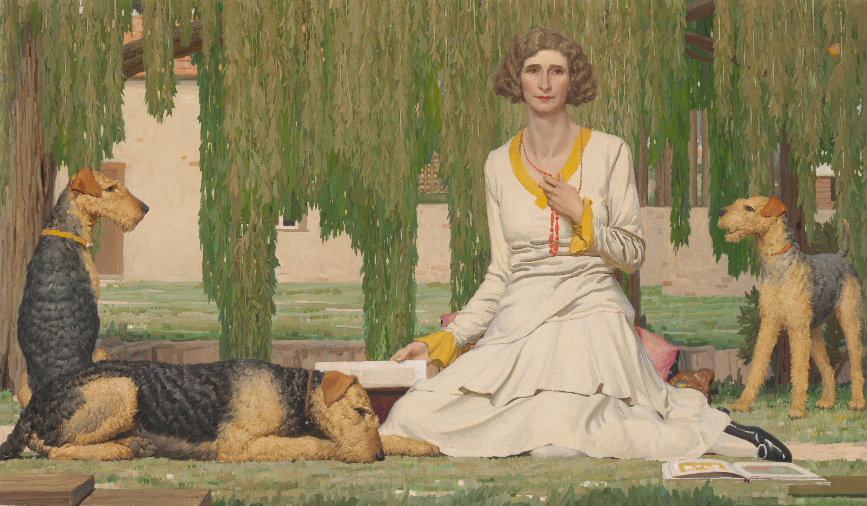 Painting by artist Napier Waller of a woman in art deco dress in a garden with three large dogs around her.