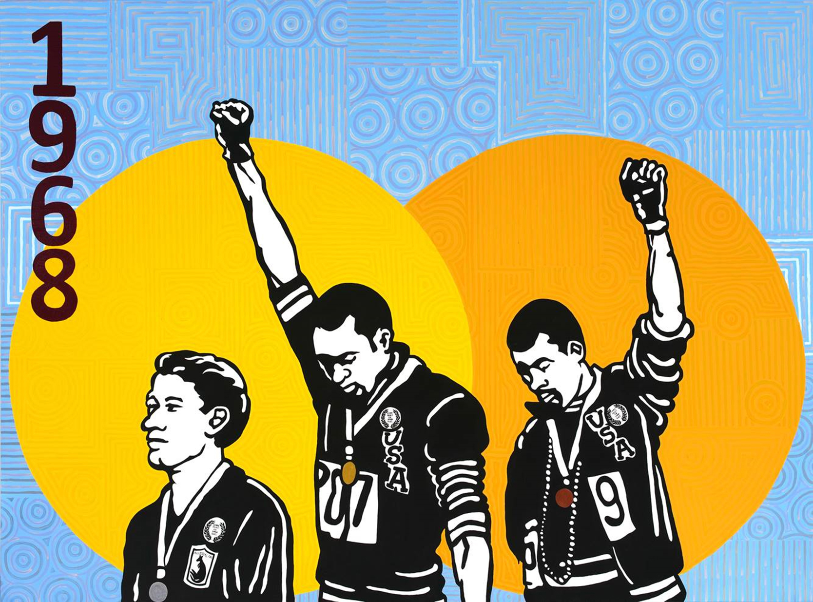 Three athletes on a winners podium, the two black athletes have their heads bowed and fists raised. The numbers 1968 are written down the left side of the image.
