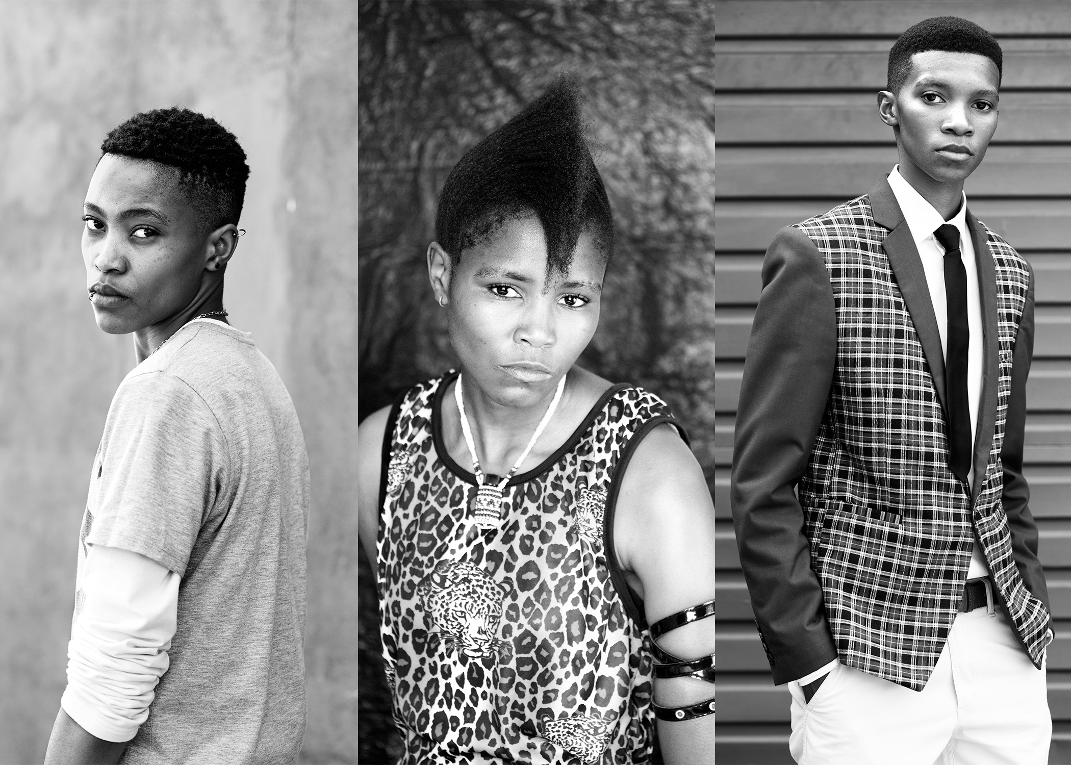 Three black and white portraits of people by artist Zanele Muholi.