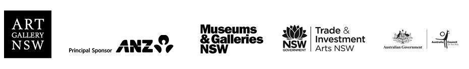 Combined sponsor logos for Art Gallery NSW, ANZ, Museums & Galleries NSW. NSW Government Department of Trade and Investment and Australian Government Australia Council.