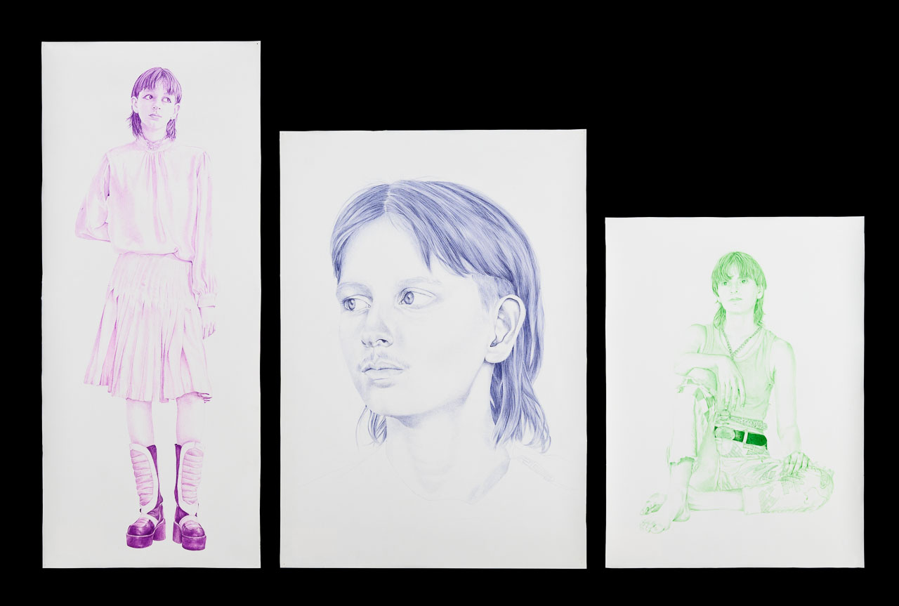 Three pen illustrations of people in different sizes, one is purple, one is blue and one is green.
