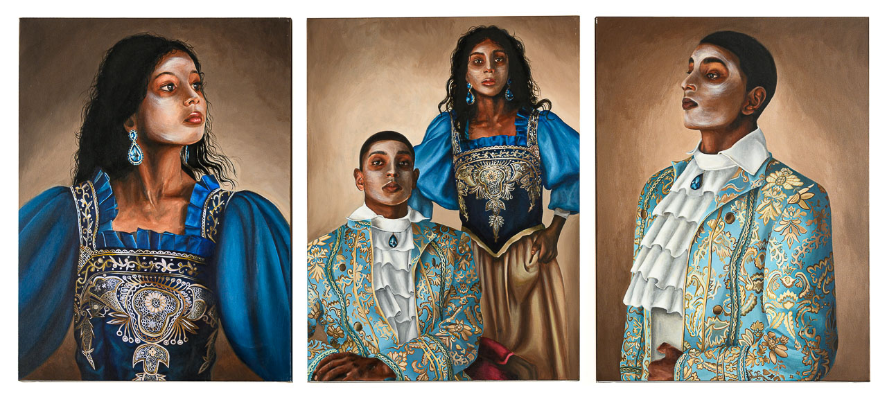Three large portraits of a male and female people of colour styled in the fashion of 18th century aristocracy.