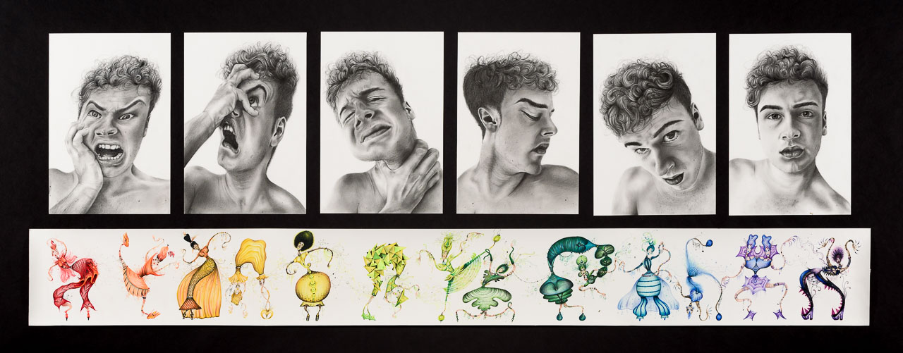 Six graphite pencil portraits of a young man's face in varying stages of distress. Below is a panel of fantastical fashion-like illustrations, each in a colour of the rainbow so the full spectrum appears.