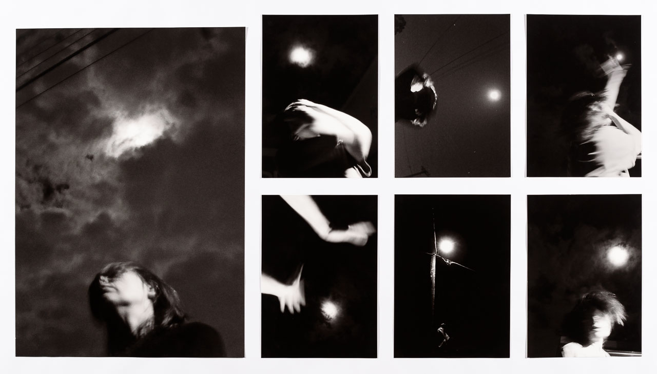 A series of black and white photographs of a human figure against the night sky, the photographs have been edited to distort the figure.