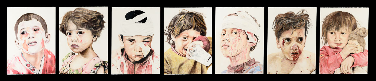 A series of seven coloured pencil drawing showing Middle Eastern children injured by war.