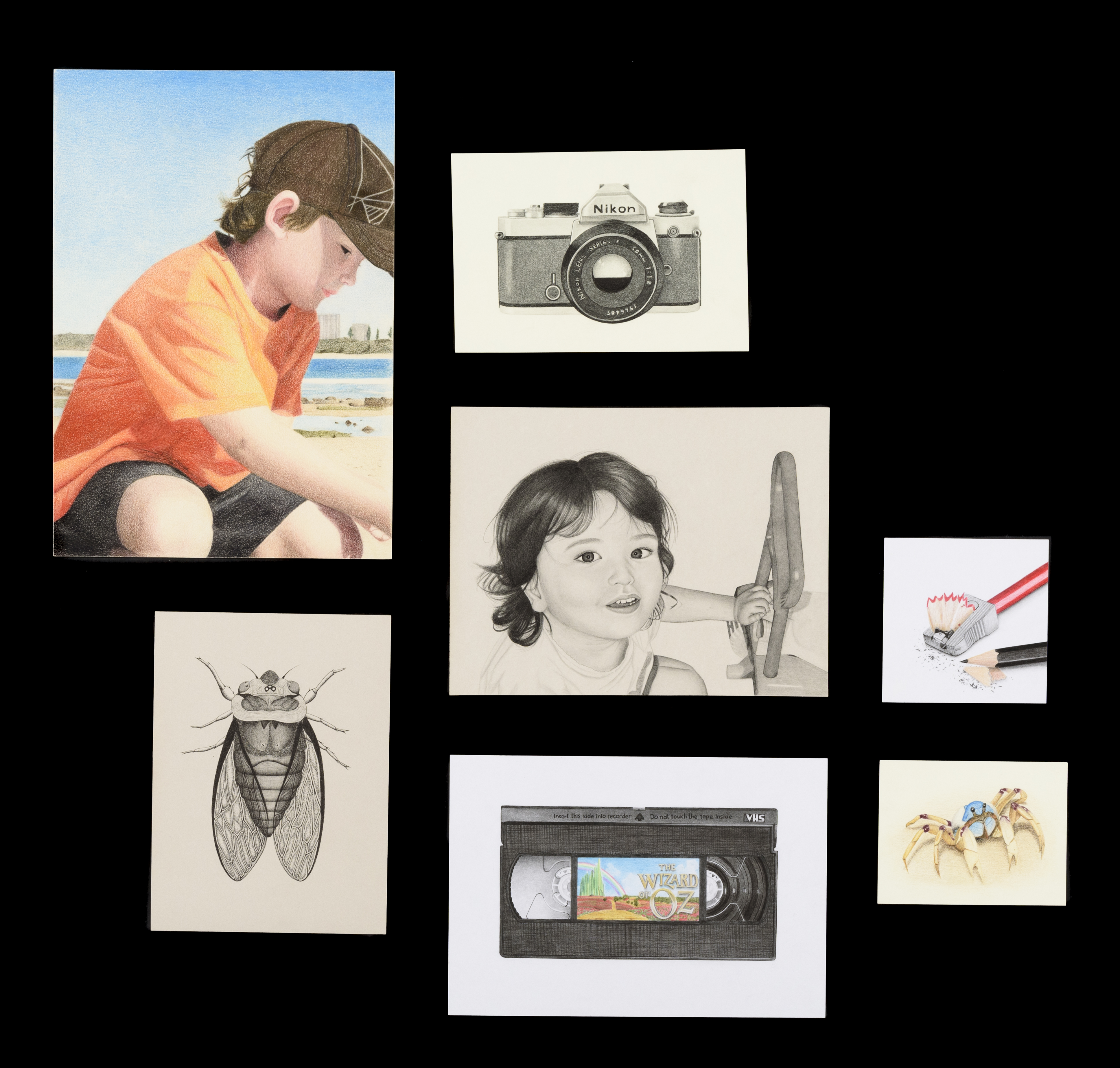 Seven pencil drawings of various sizes of items and memories that evoke nostaligia - a VHS tape, a vintage camera, a child at the beach.