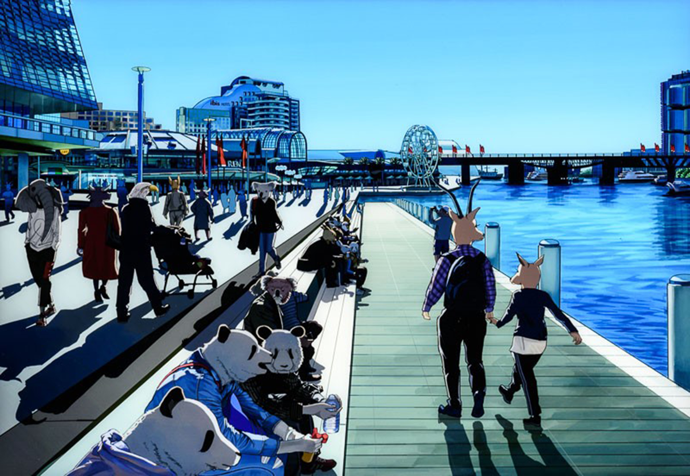 A cartoonn style illustration of animals as people at Sydney Harbour.