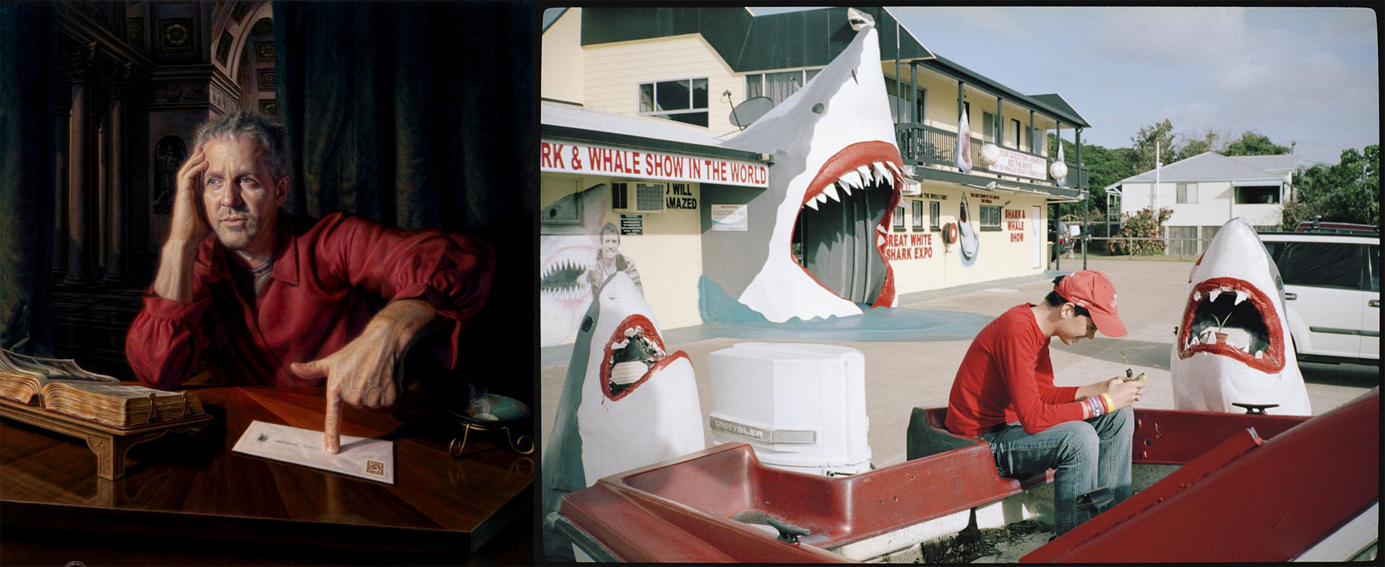 Composite of two winning artworks. A painted portrait of a man painted in a historical style and a photograph of a young man sitting at an attraction surrounded by shark like structures.