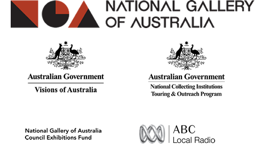 Logos for Australian Government Visions of Australia, Australian Government National Collecting Institutions Touring and Outreach program, National Gallery of Australia Council Exhibitions Fund and ABC Local Radio.