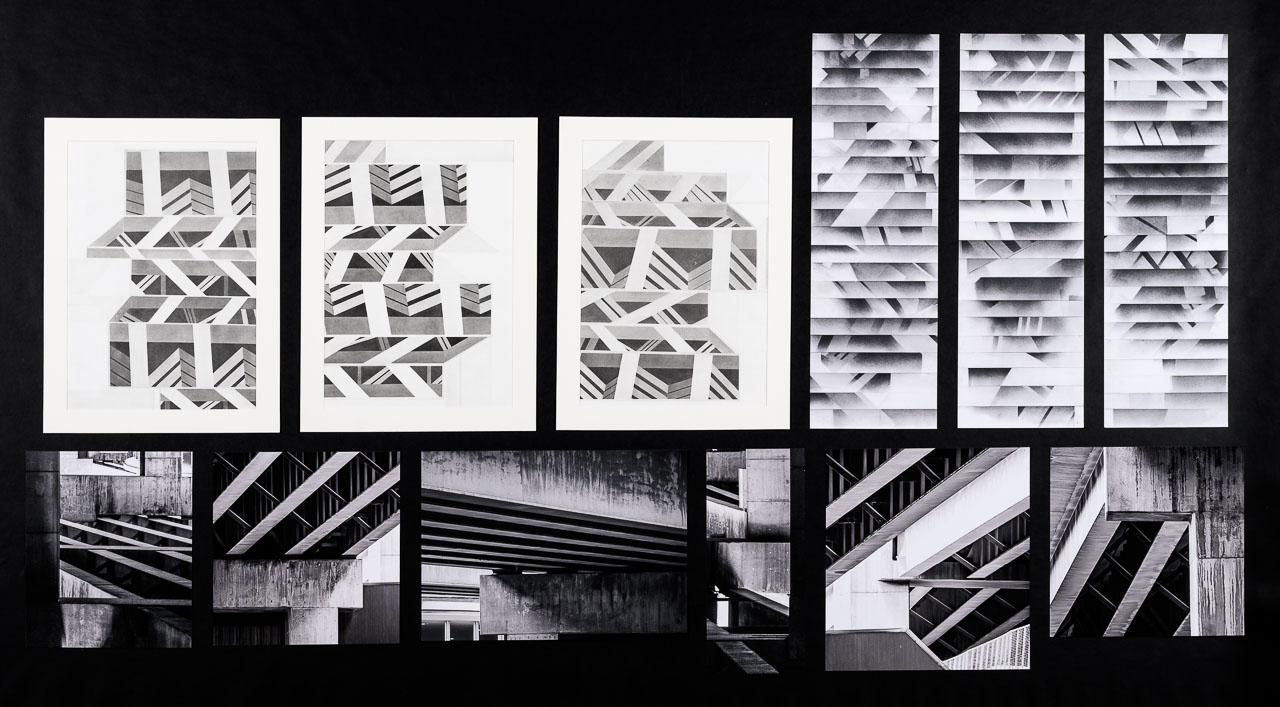 A series of black and white photographs of building structures accompanied by 6 graphite pencil drawing inspired by the patterns observed in the photographs.