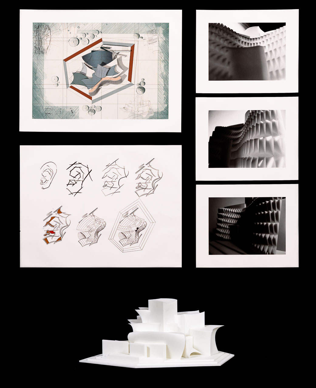 A sculptural architectural form accompanied by drawings of the structure.