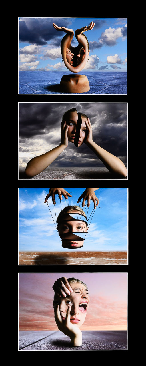 Four manipulated photographs of a female face inspired by surrealism.