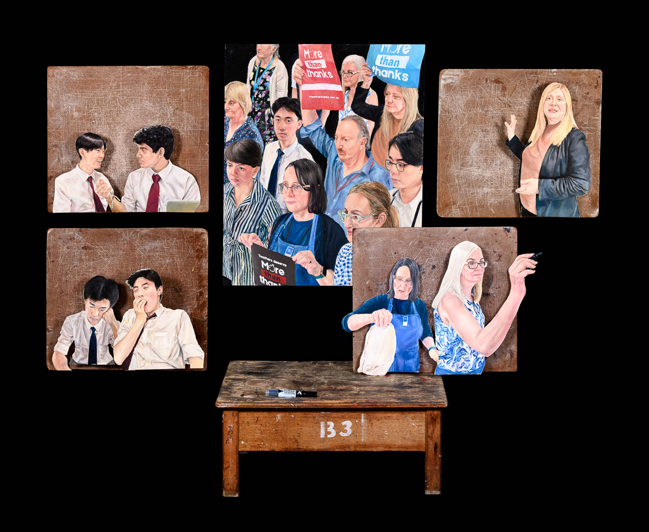 A series of watercolour paintings of students and teachers interacting mounted on old desk tops.
