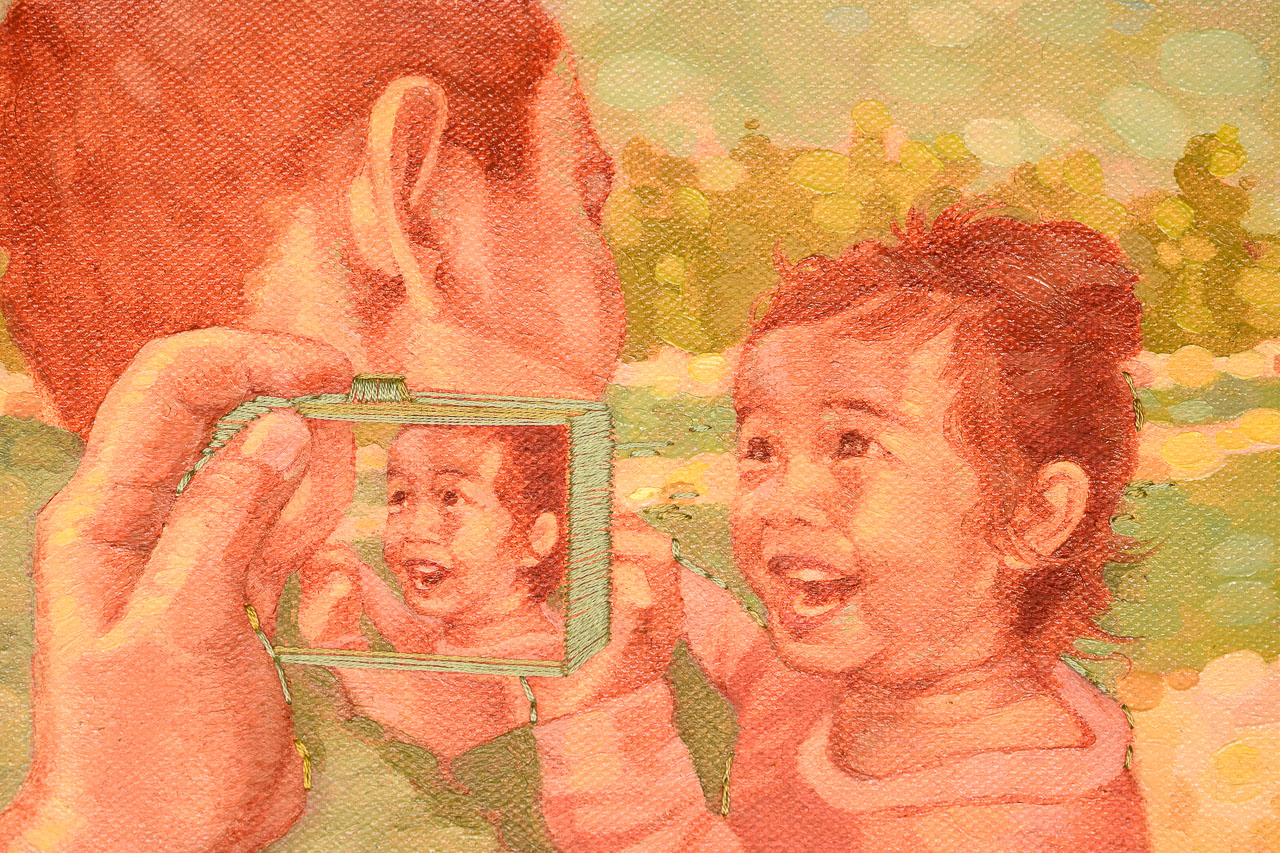 A painting a person taking a photograph of a man holding a small child.