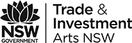Black and white logo from 2015 showing NSW Government waratah for the Department ofTrade Invesment and Arts