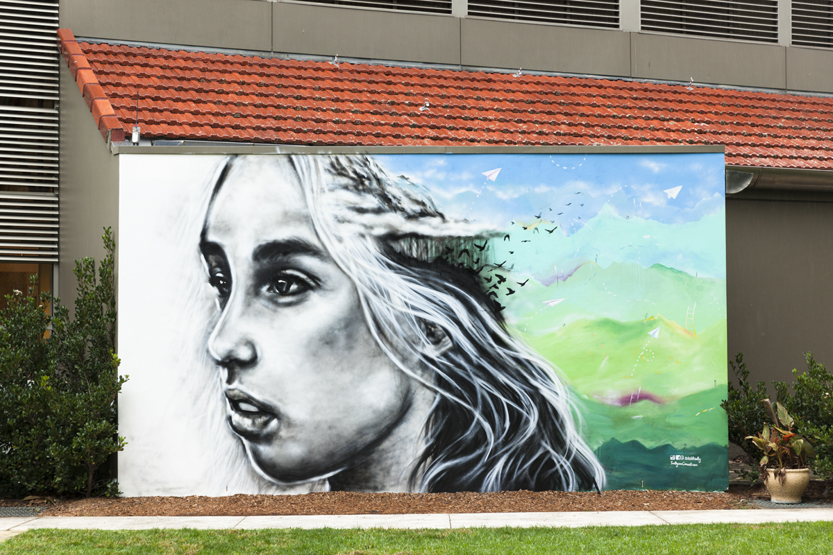 An outdoor mural featuring a woman's face looking to the left. The left side of the mural is in black and the right side is a colourful landscape. The back of the womans head blends into the colourful landscape.