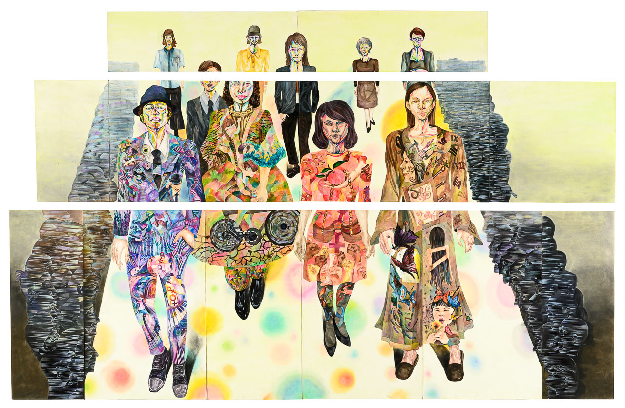 Heavily detailed colourful pencil drawing of a group of figures walking down a catwalk.