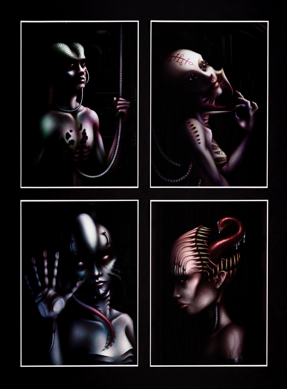 Four dark moody portraits of human-animal hybrid figures that are alien-like in appearence.