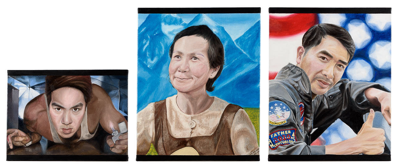 Three portraits of the artist, his mother and his father in the style of heroic characters from popular films.
