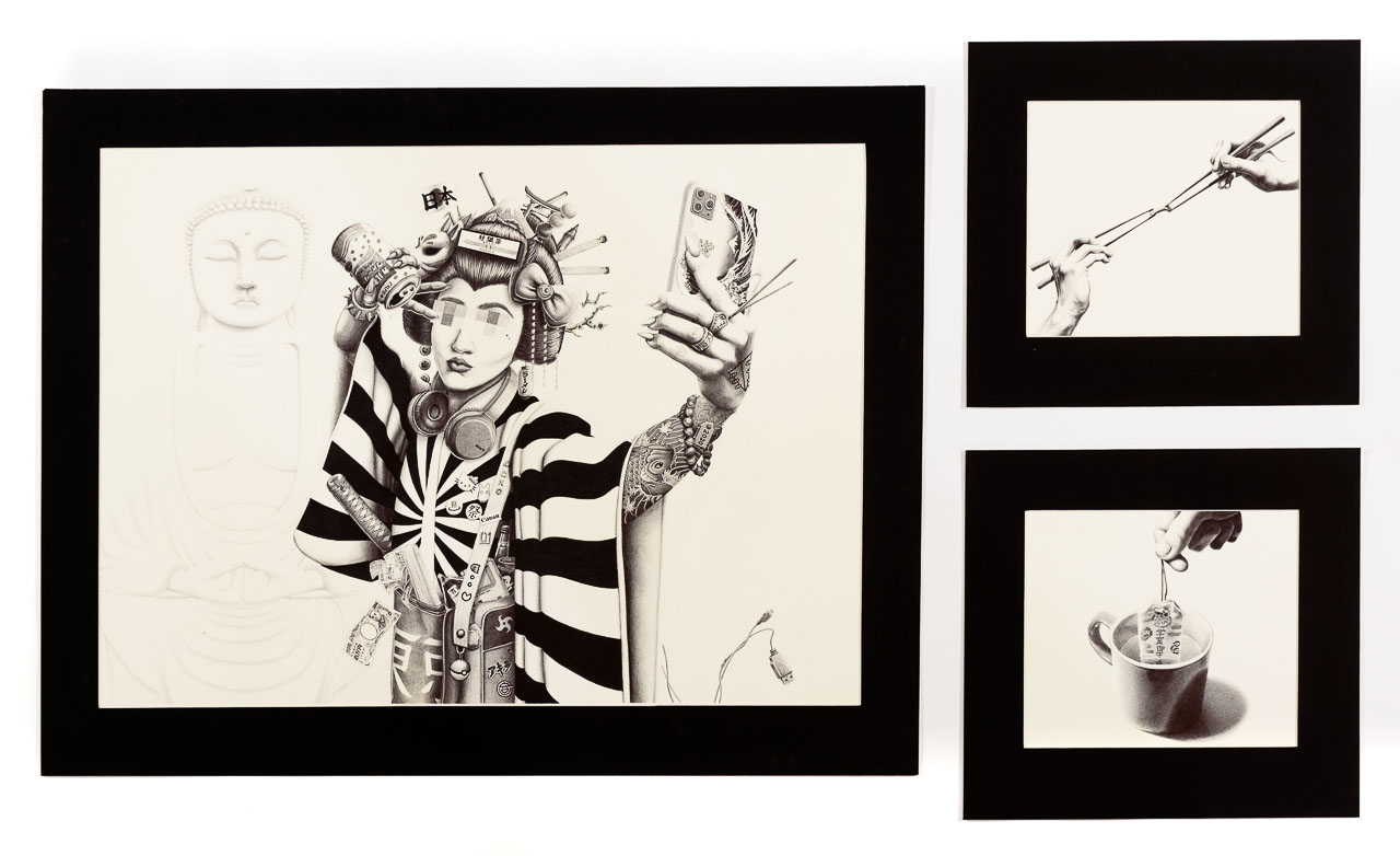 Three black and white pen drawings showing different aspect of Japanese culture