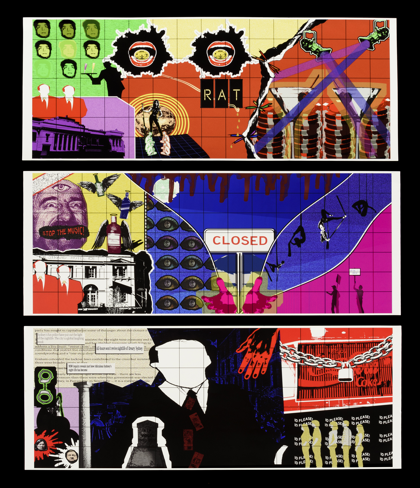 Three brightly coloured panels depicting scenes from night life.