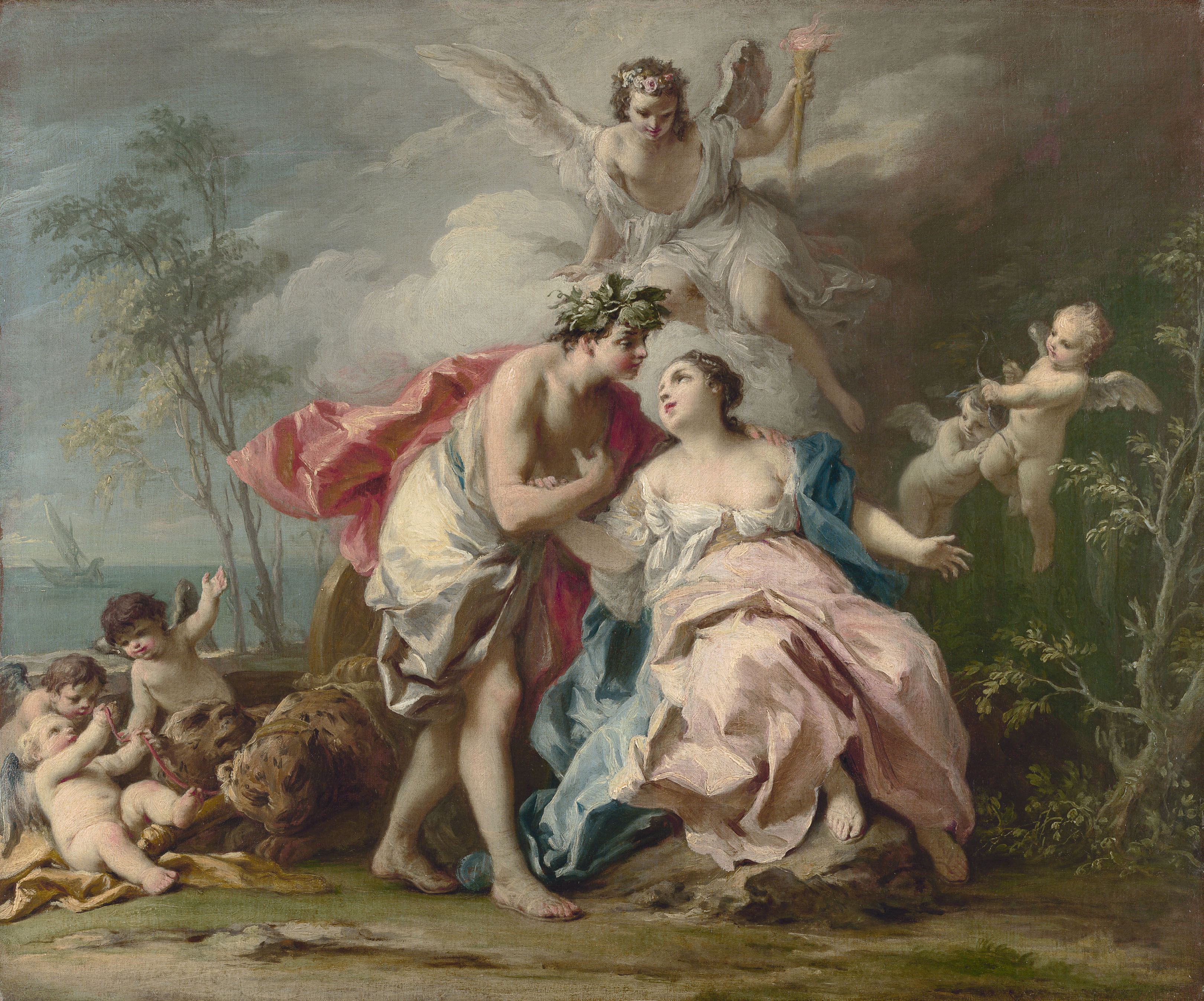 A painting of a man and woman in flowing garments in an embrace, they are surrounded by an angel and cherubs.