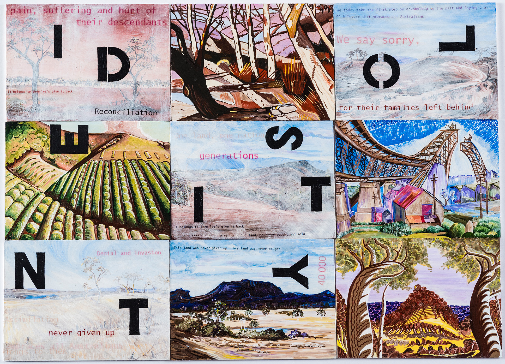 A composite of nine landscape drawings with letters that spell out "identity lost" scattered over the top in a thick black font.