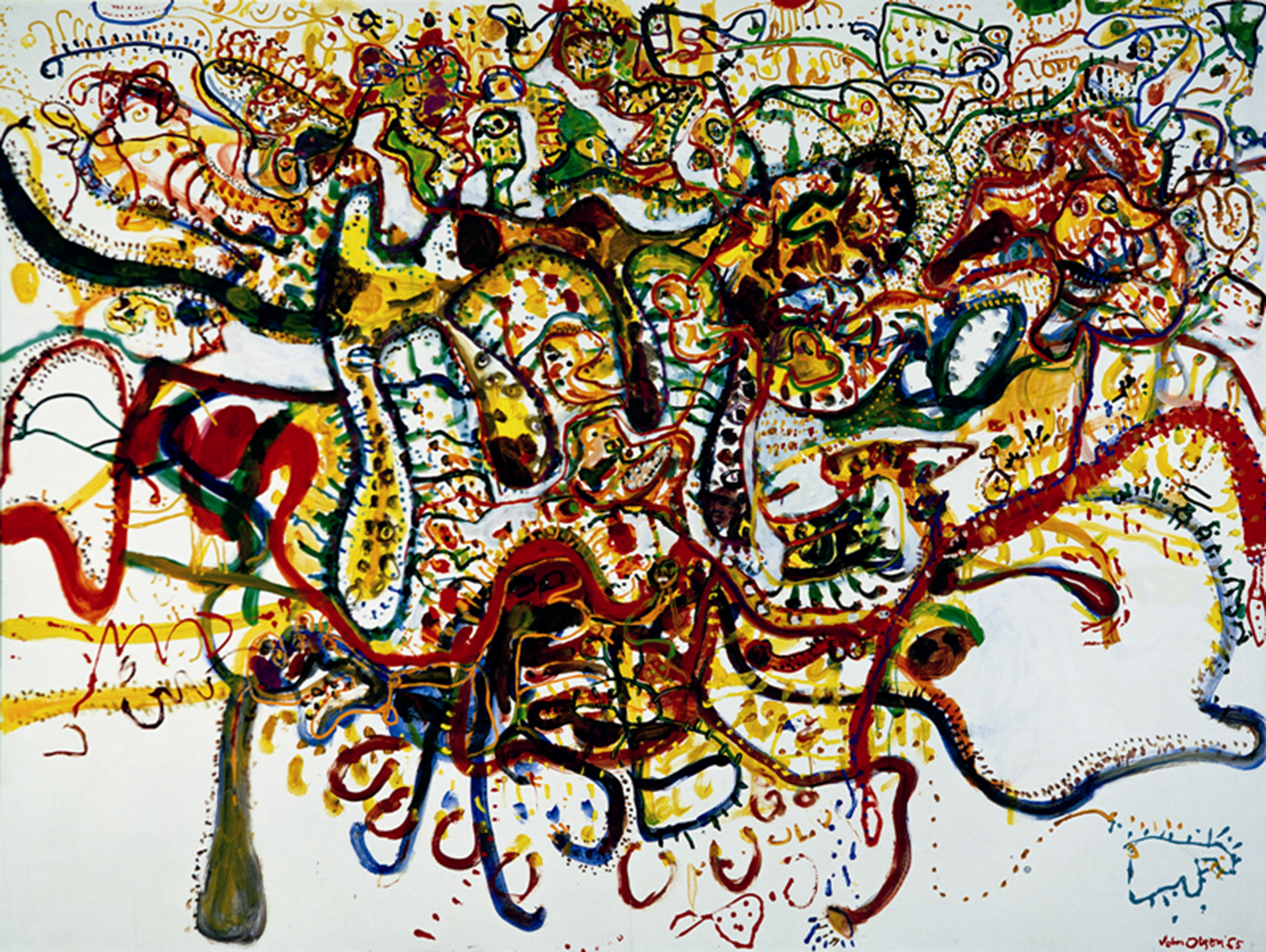 Painting by artist John Olsen of many swirling and intersecting lines in green, yellow, red and blue on a white background.
