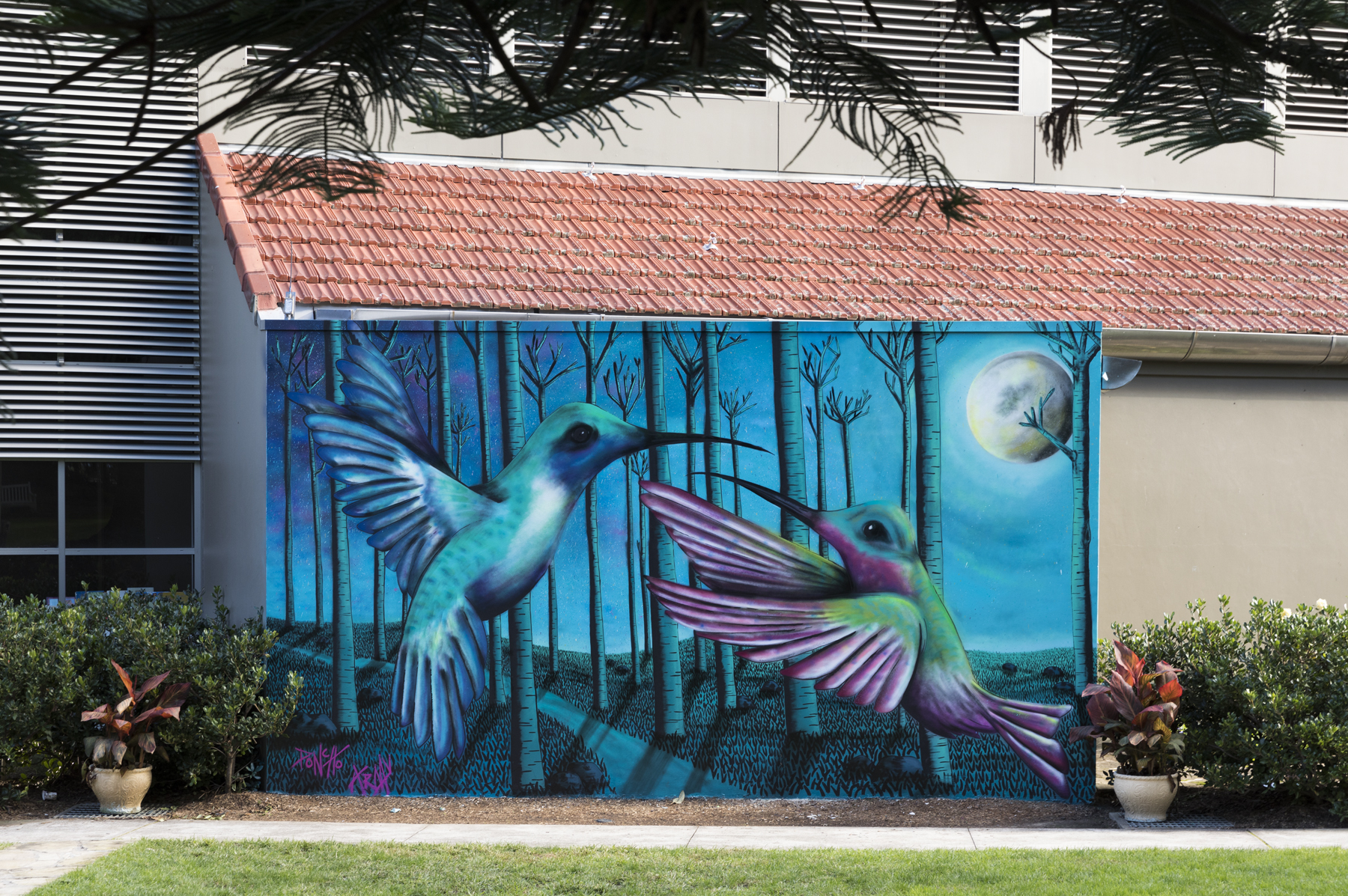 A large outdoor mural featuring a forest scene at night. The mural is dominated by two large, colourful Hummingbirds.