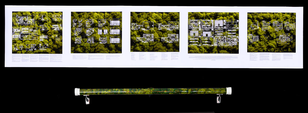 A series of five areal shots of green foliage overlayed with what looks like architectural diagrams, the prints are accompanied by a moss filled clear tube.