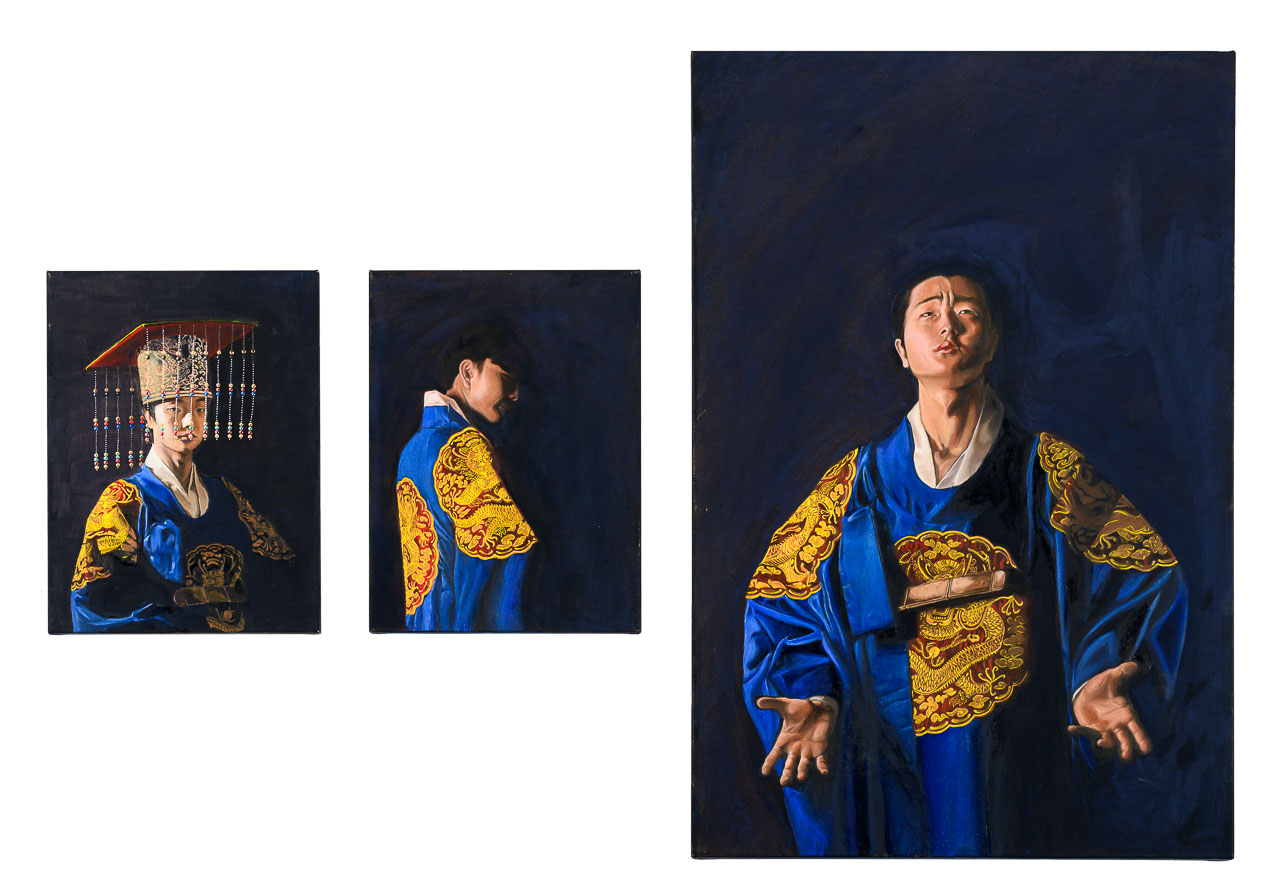 Three portraits of the artist wearing the traditional garments of Korean royalty.