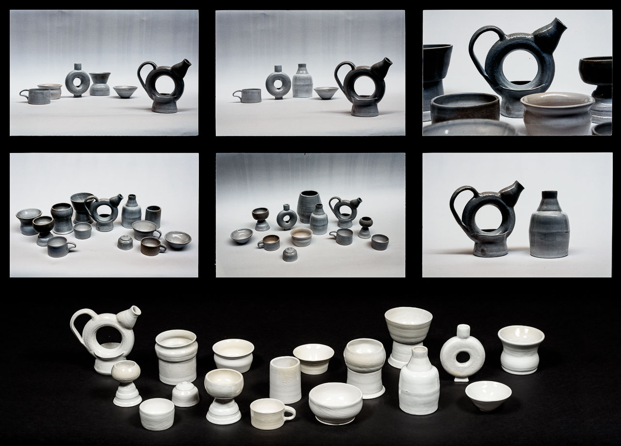 Several photographs of a large number of ceramic vessels in neutral tones.
