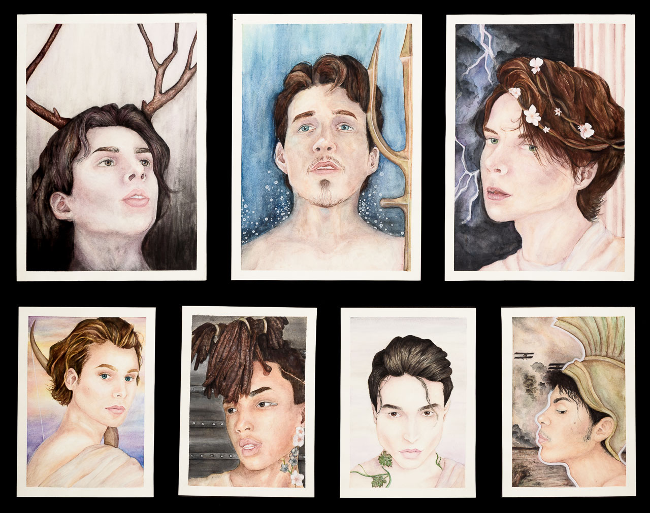 Seven watercolour portraits of male faces with a feminine aesthetic.