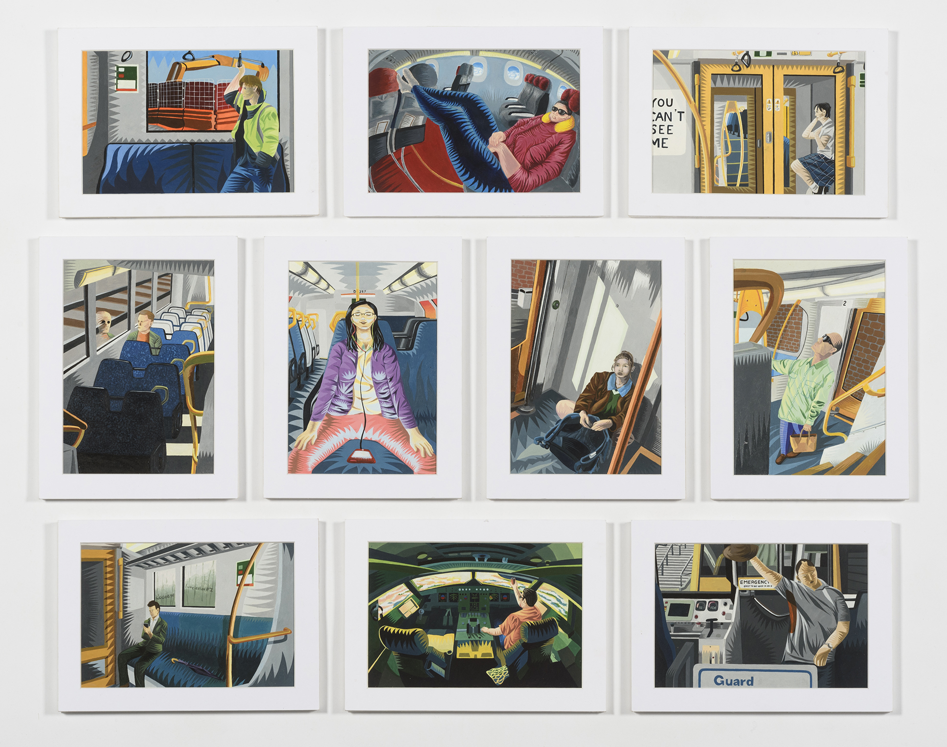 Ten colourful pencil drawings of different people riding the train.