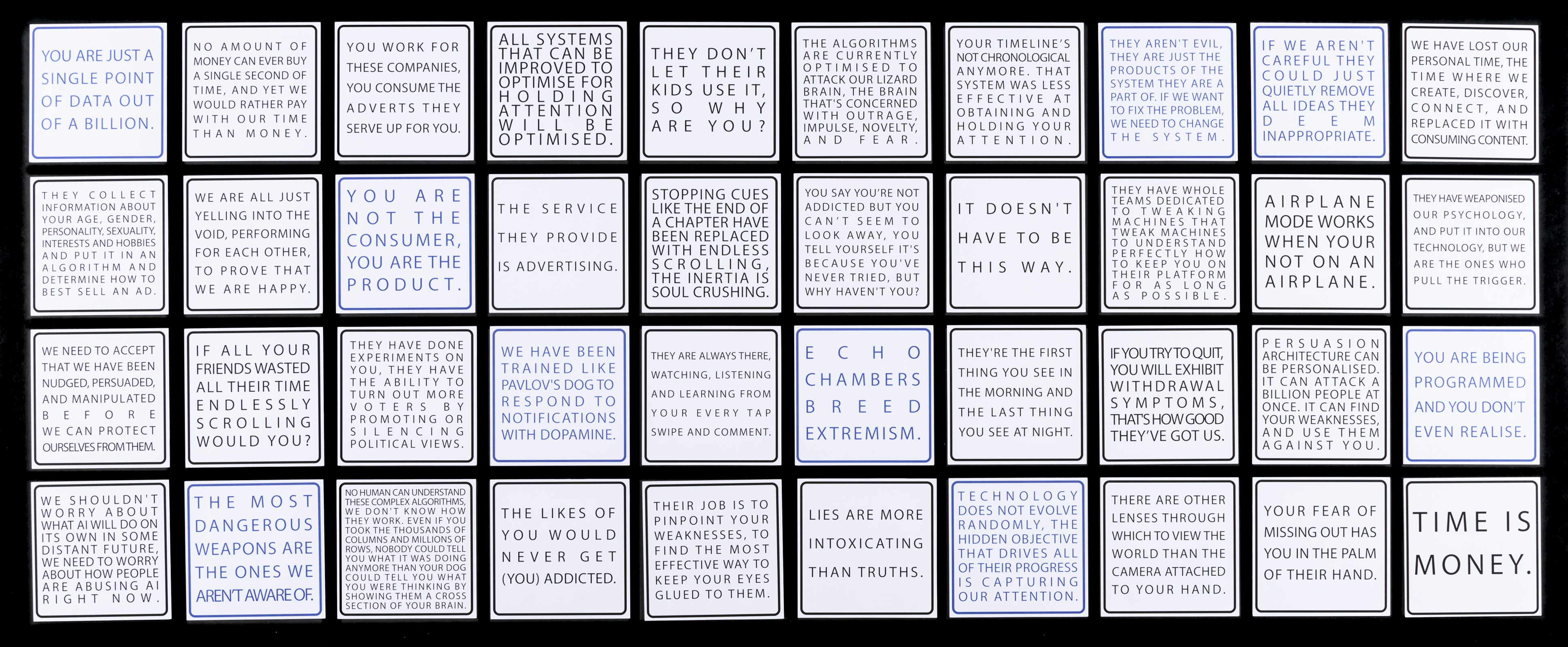 Forty square panels of text arranged in ten rows of four.