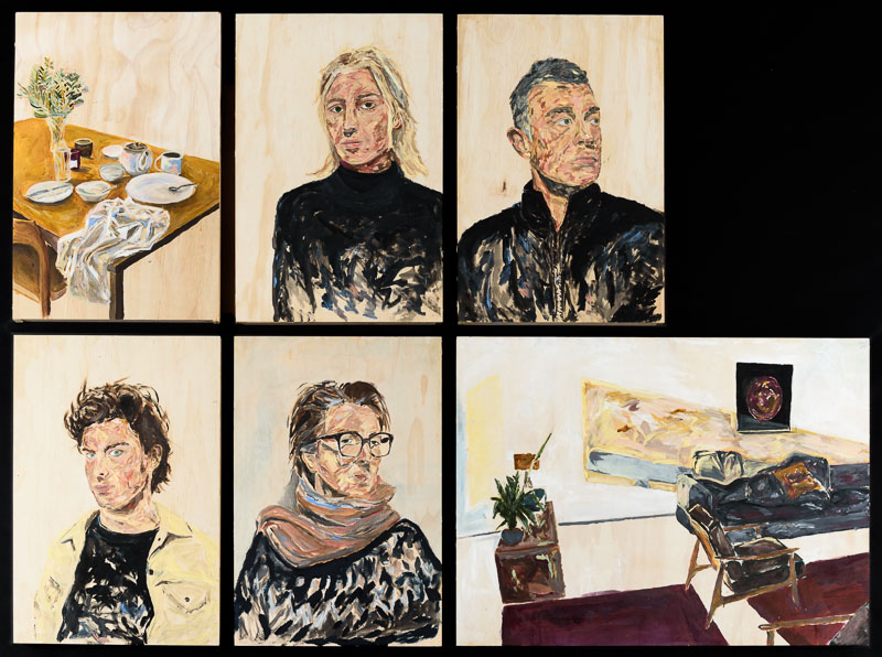 Six paintings, four portraits of people and two paintings of interiors of the home - the dining room and the living room.