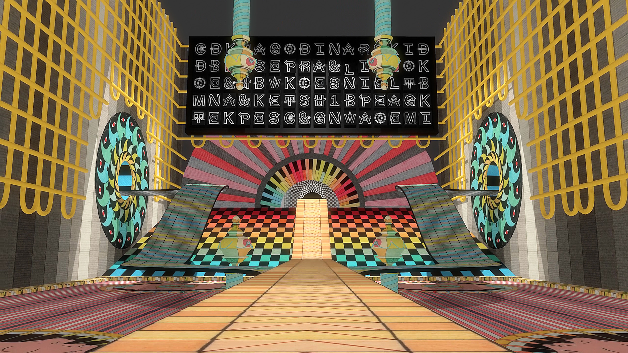 Still from VR experience showing a colourful geometric world.